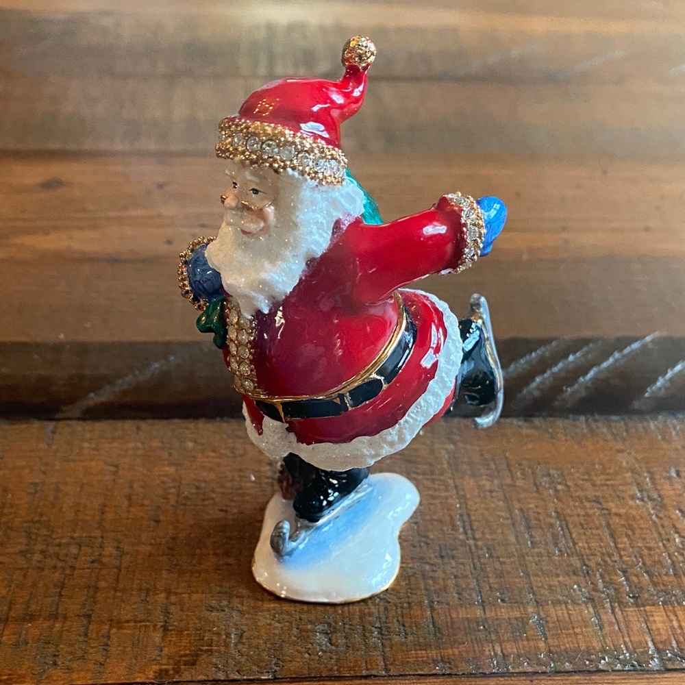 Two's Company Red and Gold Skating Santa Trinket Box